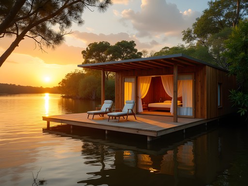 Floating eco-lodge cabin on the river at sunset in Brikama region, Gambia