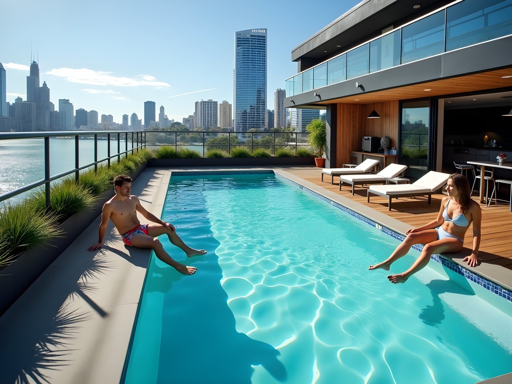 Budget hostel rooftop pool with Brisbane River view
