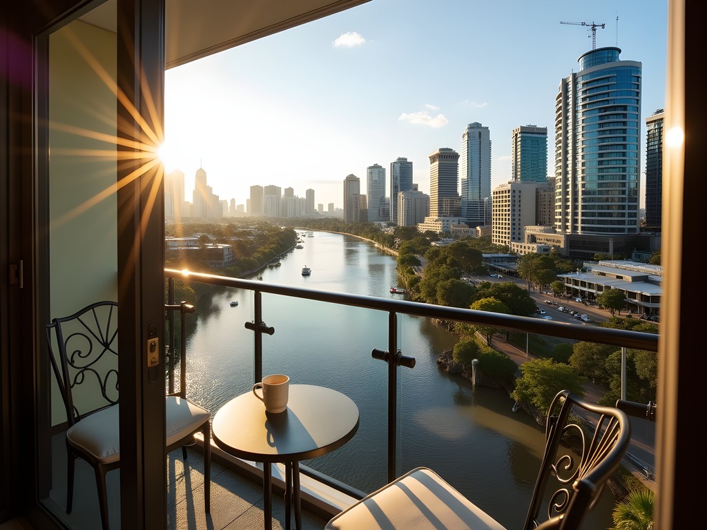 View of Brisbane River and city skyline from mid-range apartment balcony