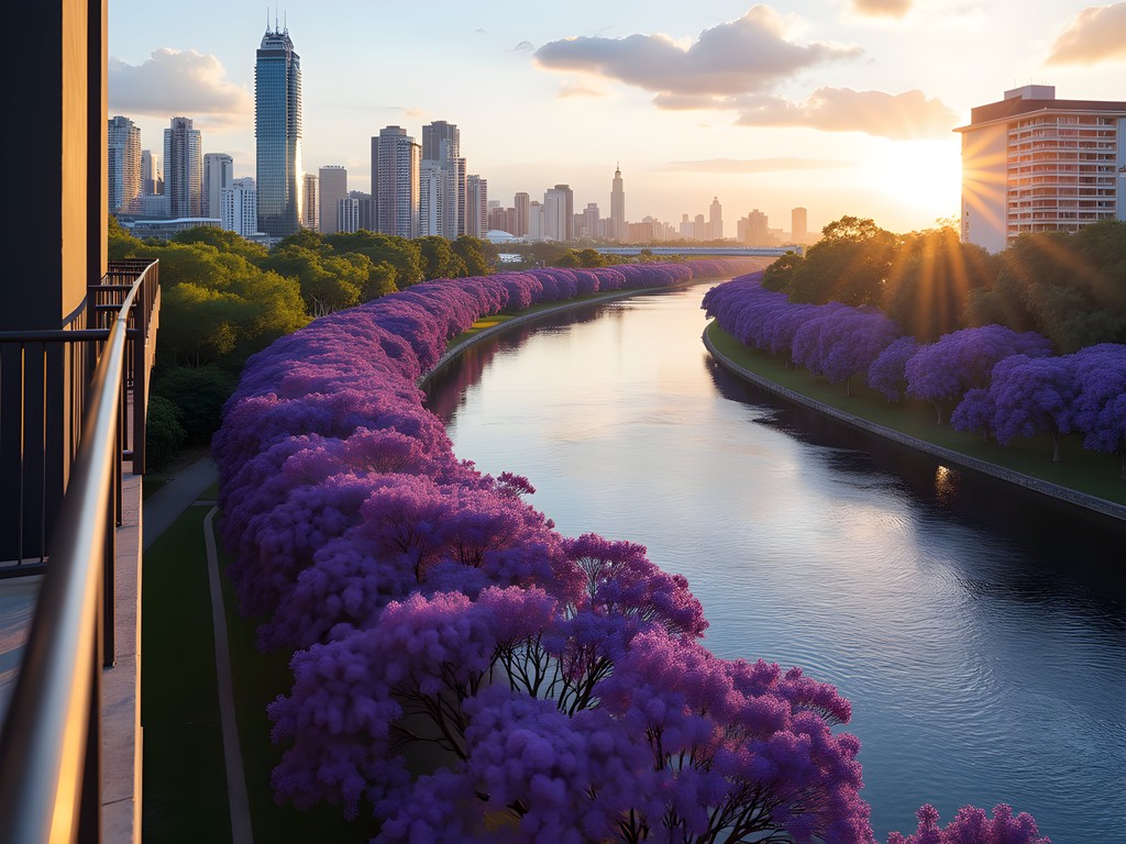 View of Brisbane River with blooming jacaranda trees from hotel balcony