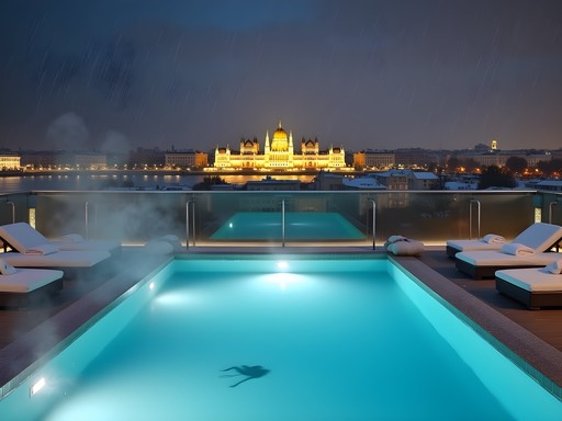 Rooftop thermal pool at Aria Hotel Budapest in winter with Parliament view
