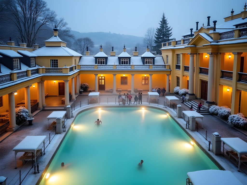 Outdoor thermal pools at Széchenyi Baths in winter with steam rising