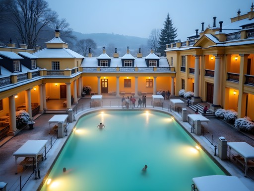 Outdoor thermal pools at Széchenyi Baths in winter with steam rising