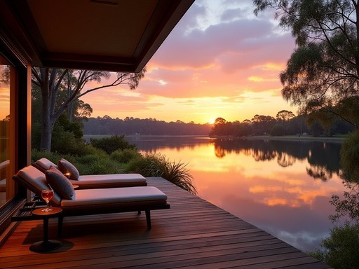 Private deck overlooking Lake Burley Griffin at sunset from The Boat House boutique accommodation in Canberra