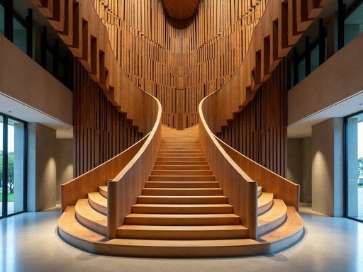 Grand reclaimed timber staircase entrance at Ovolo Nishi boutique hotel in Canberra