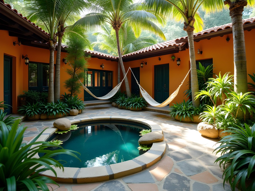 Lush tropical garden courtyard at El Rey del Caribe eco-hotel in downtown Cancun