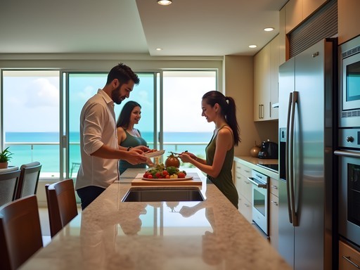 Family preparing meal in suite kitchen at Fiesta Americana Villas Cancun
