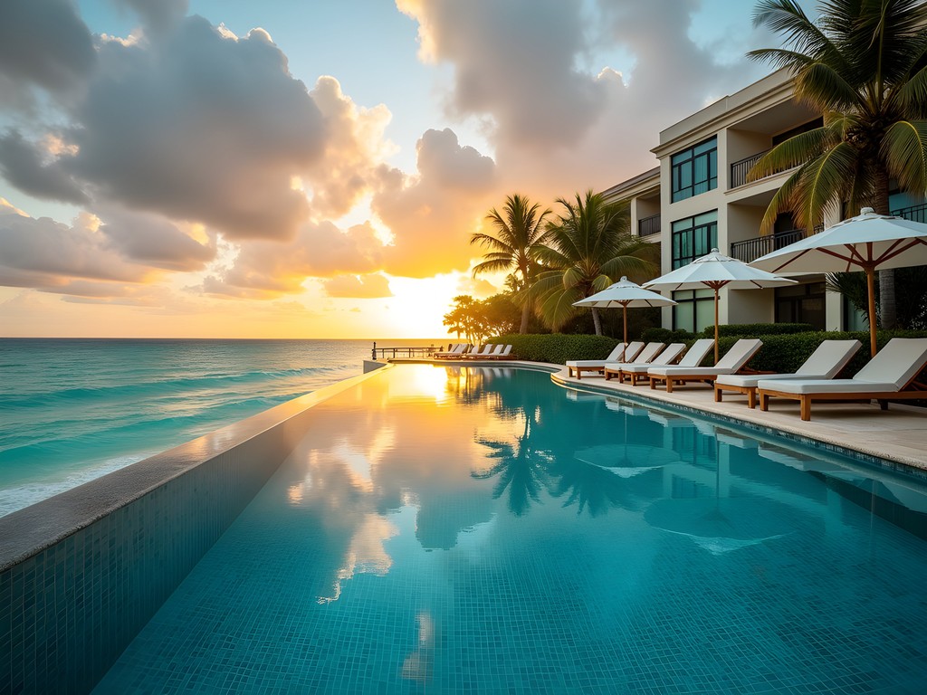 Multi-tiered infinity pool at Grand Fiesta Americana Coral Beach during sunset