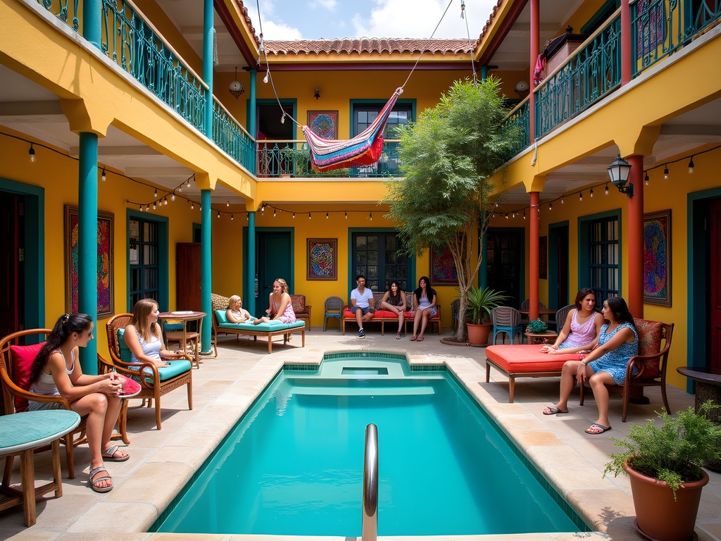 Colorful community courtyard with pool at Selina Cancun Downtown