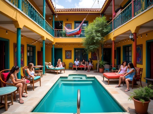 Colorful community courtyard with pool at Selina Cancun Downtown