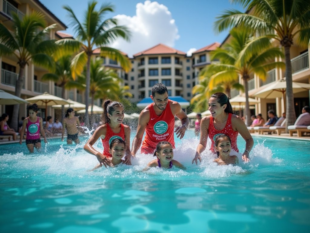 Resort staff leading organized pool games for families in Cancun