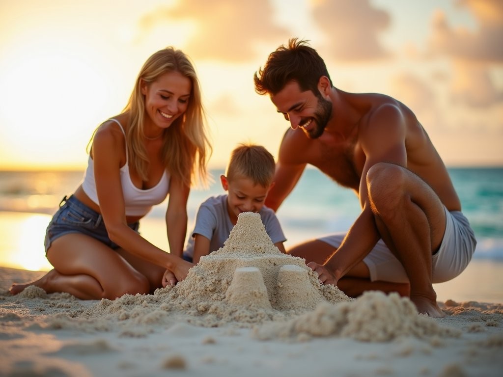 Family enjoying quality time building sandcastles on a Cancun beach