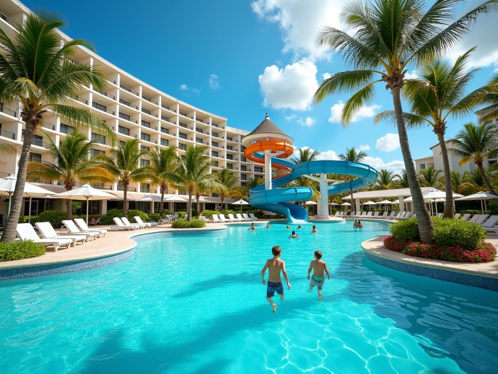 Multi-level family pool complex with water slides at a Cancun resort