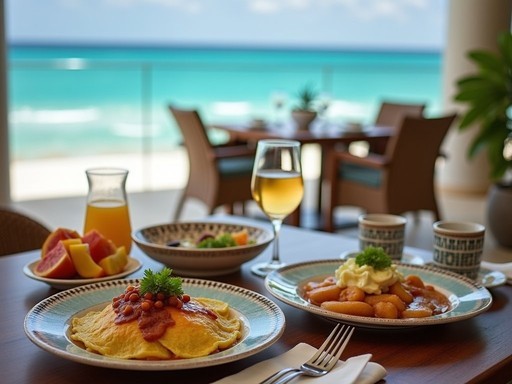 Family enjoying authentic Mexican breakfast with ocean view at Cancun resort