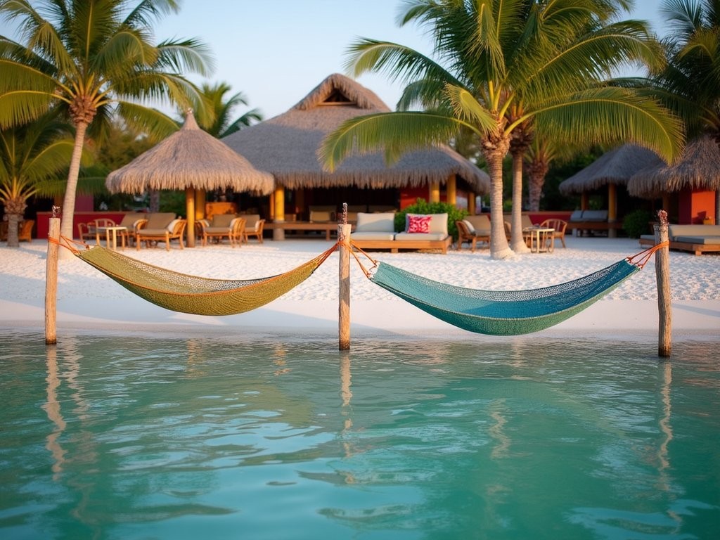 Beachfront view of Casa Las Tortugas boutique hotel on Isla Holbox with hammocks over shallow turquoise water
