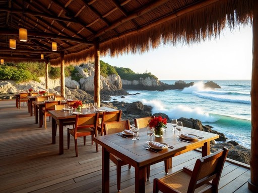Oceanfront restaurant at Hotel El Pez in Tulum with views of the rocky cove