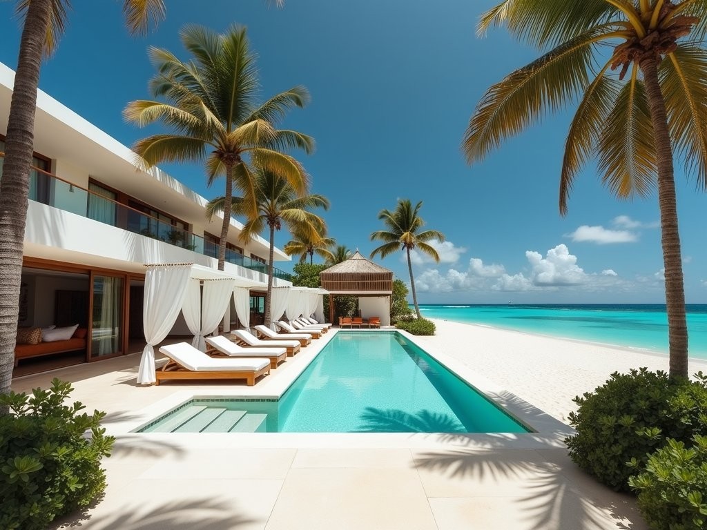 Beachfront view of La Zebra boutique hotel in Tulum with palm trees and turquoise waters