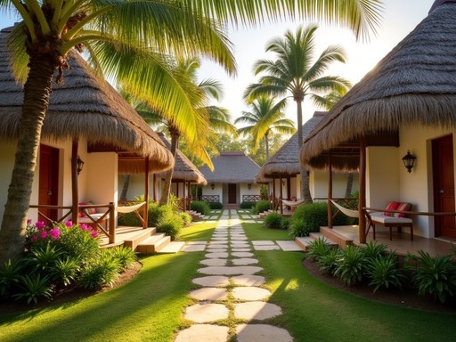 Traditional palapa-roof bungalows at Mahekal Beach Resort in Playa del Carmen