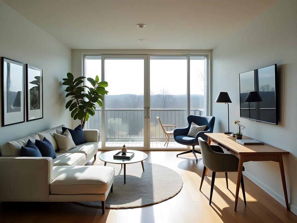 Modern minimalist apartment interior at Carmel City Center with floor-to-ceiling windows