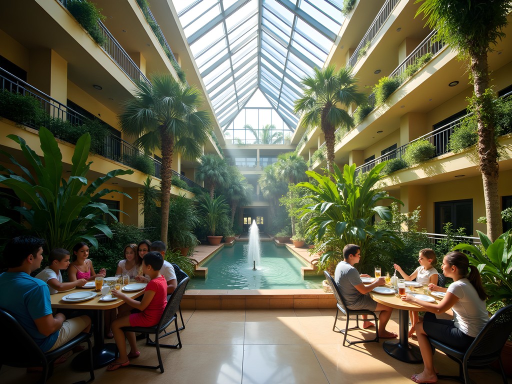 Tropical atrium with morning light at Embassy Suites San Juan showing lush vegetation and water features