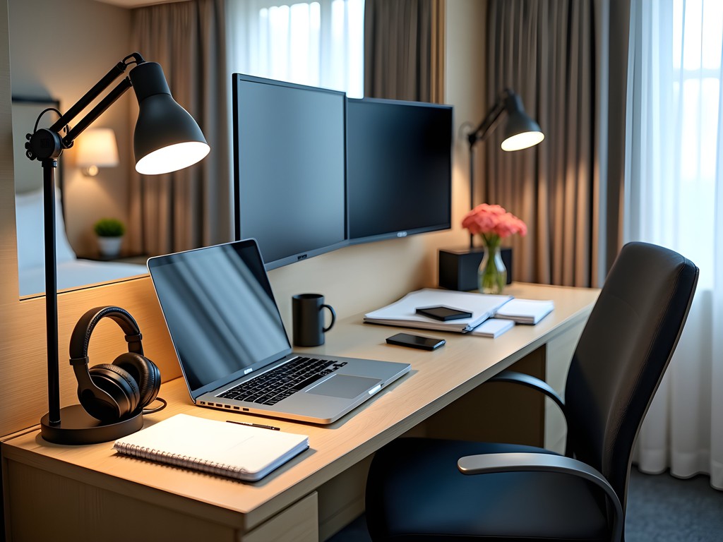 Professional business setup in a Cary hotel room with laptop, portable monitor, and organizational accessories