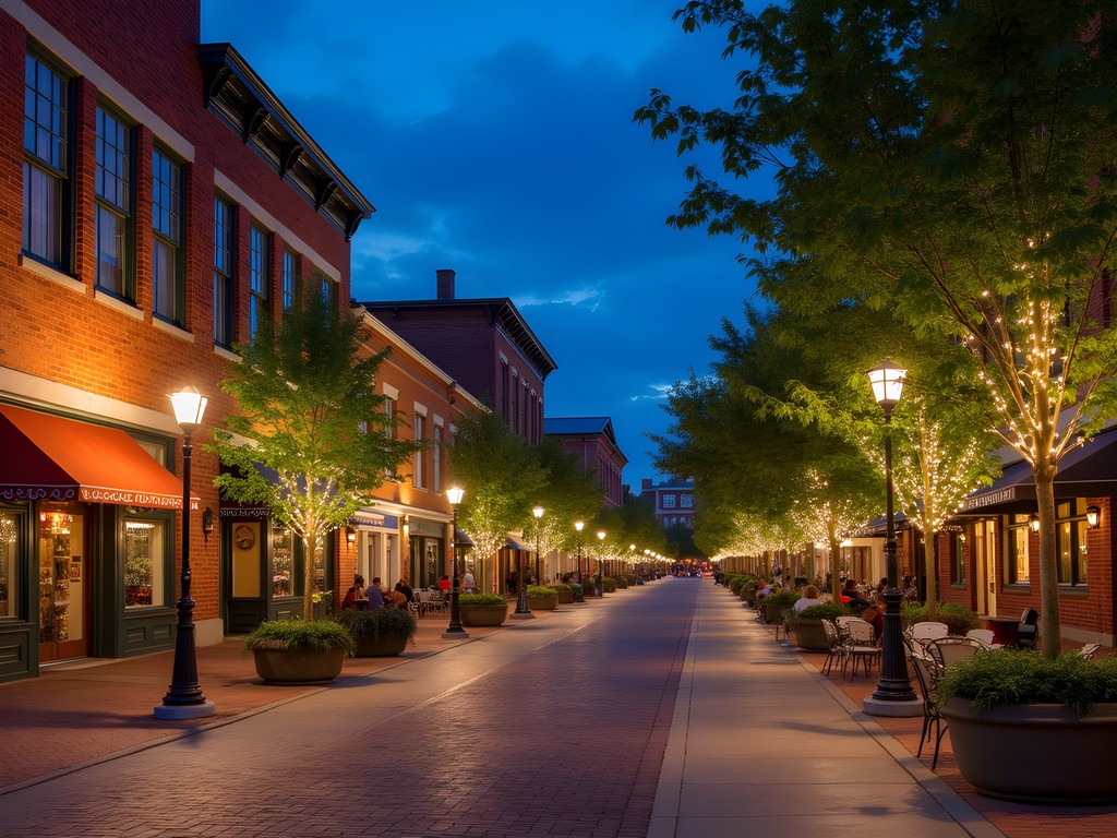 Evening view of downtown Cary, North Carolina with historic buildings and street lights