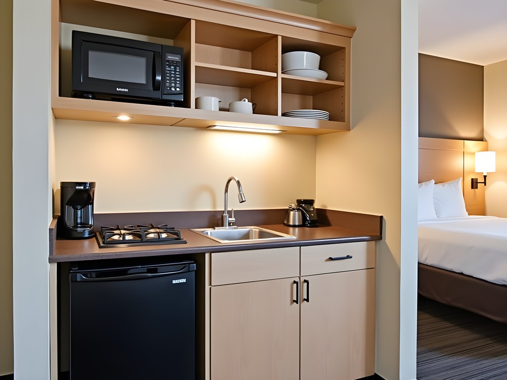 In-room kitchenette at Extended Stay America Raleigh-Cary with microwave, stovetop, and basic cooking supplies