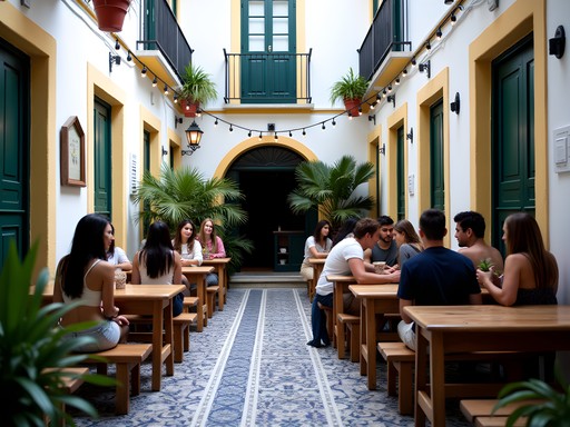 Charming courtyard of budget hostel in traditional Portuguese building in Cascais