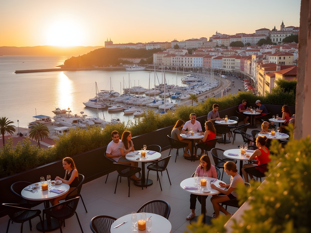 Hotel terrace with panoramic view of Cascais Bay and marina