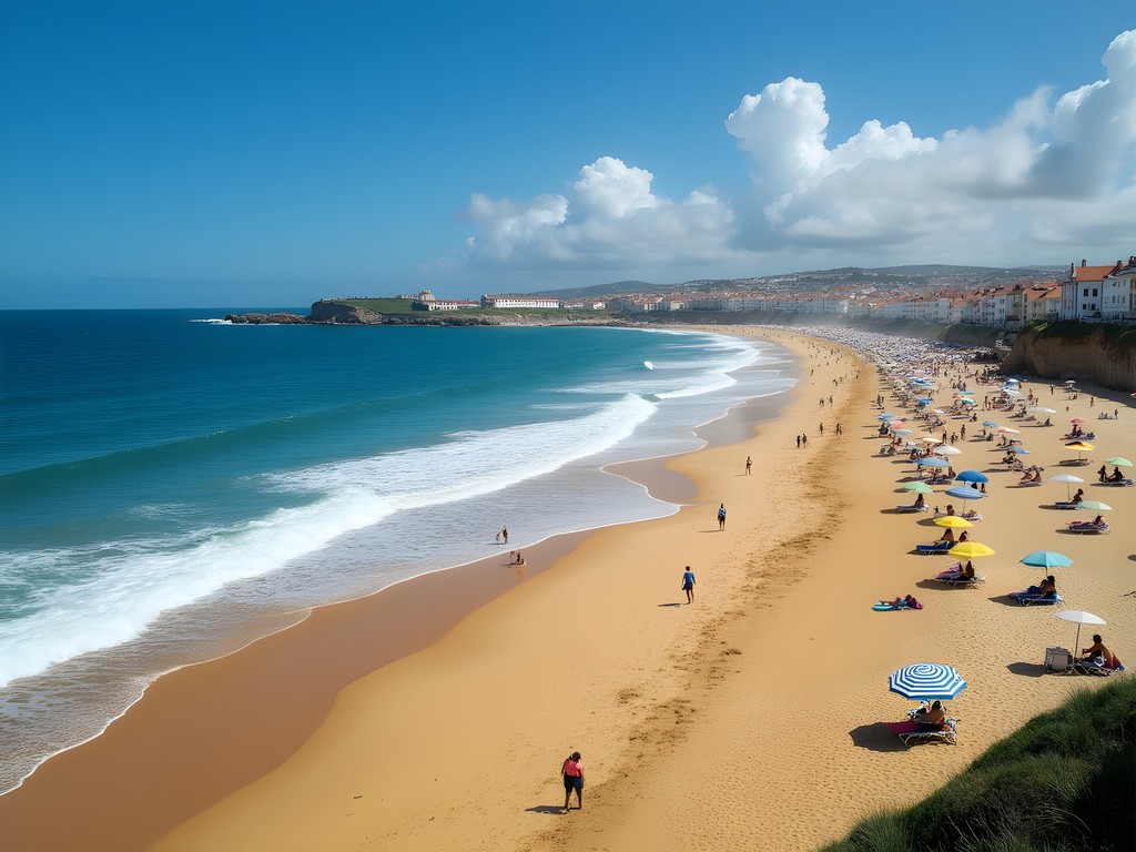 Spring beach scene in Cascais with moderate crowds and perfect weather