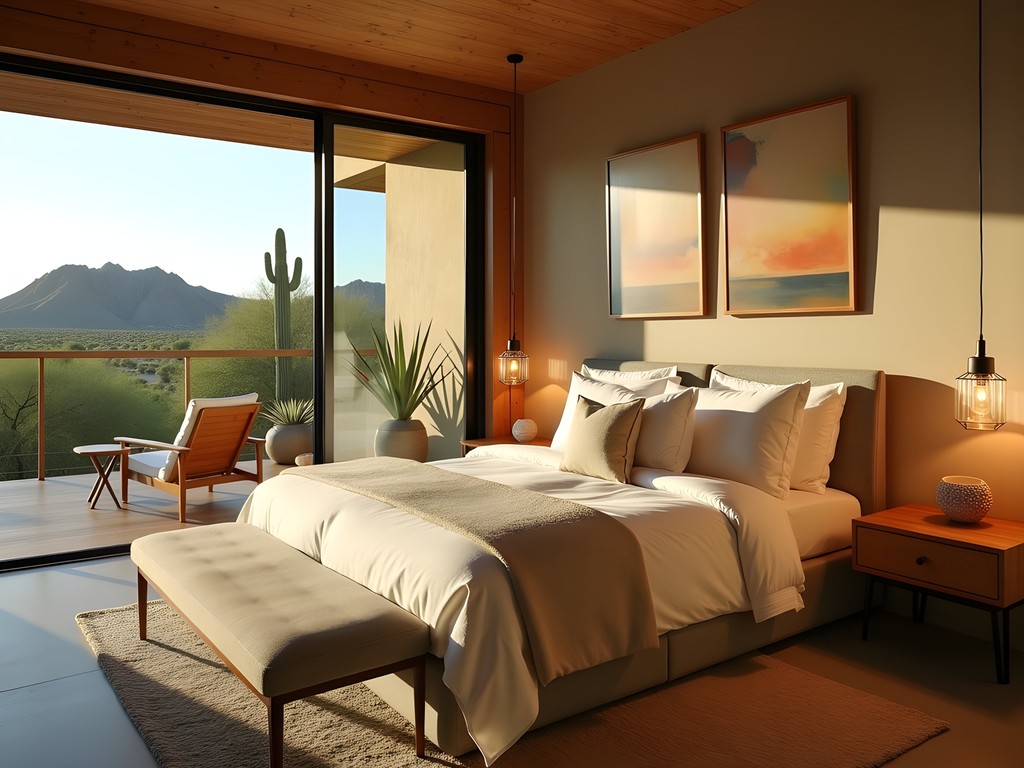 Mid-century modern bungalow interior at Andaz Scottsdale with local artwork and desert views