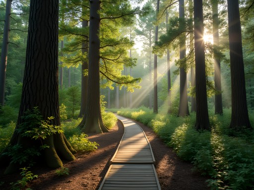 Woodland nature trails at Northwest River Park near Chesapeake Conference Center with towering trees