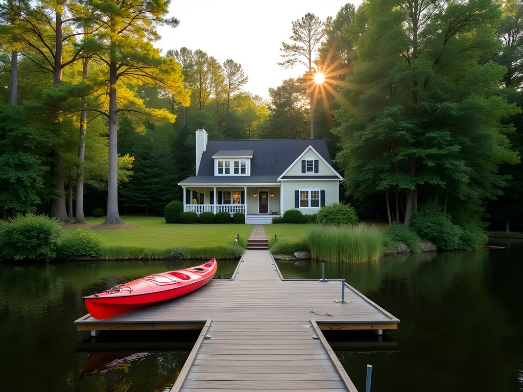 Vacation rental cottage at Oak Grove Lake Park with private dock and kayaks on calm water