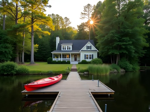 Vacation rental cottage at Oak Grove Lake Park with private dock and kayaks on calm water
