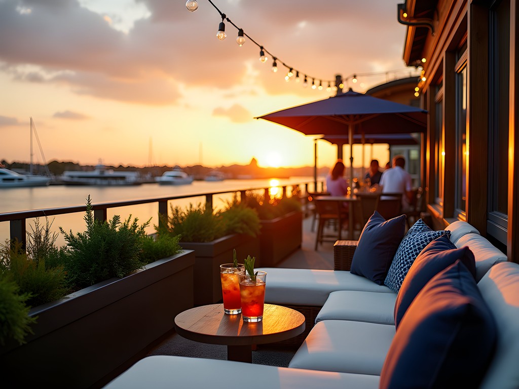 Rooftop bar at a Chesapeake boutique hotel overlooking the waterway at sunset