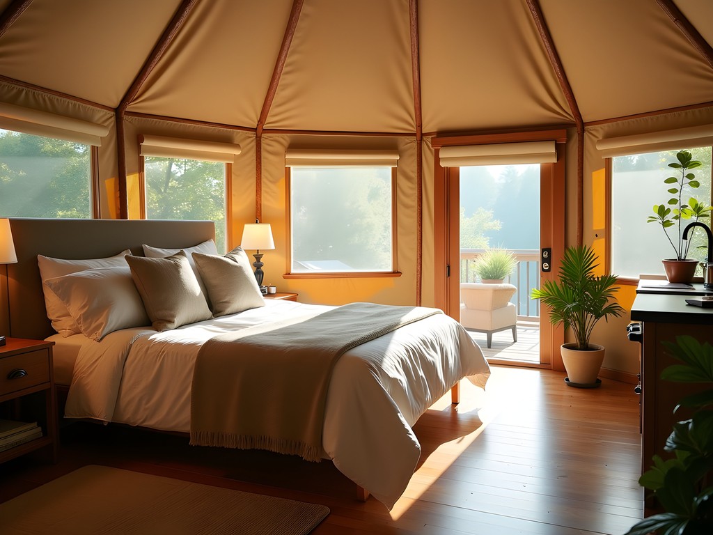 Interior of luxury yurt accommodation in Chesapeake with morning light streaming through canvas windows