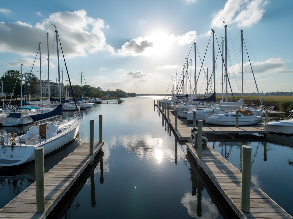 Marina view from the Intracoastal Hotel in Chesapeake showing boats and waterway