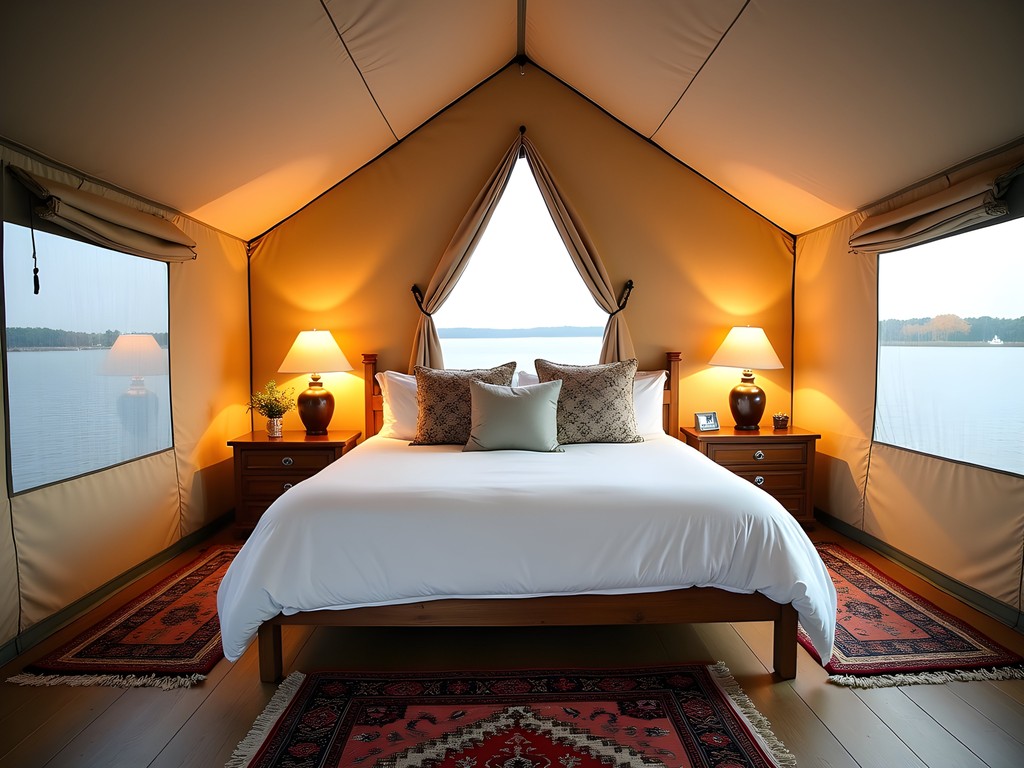 Luxury safari tent interior with king bed and Persian rugs at Cape Charles glamping site