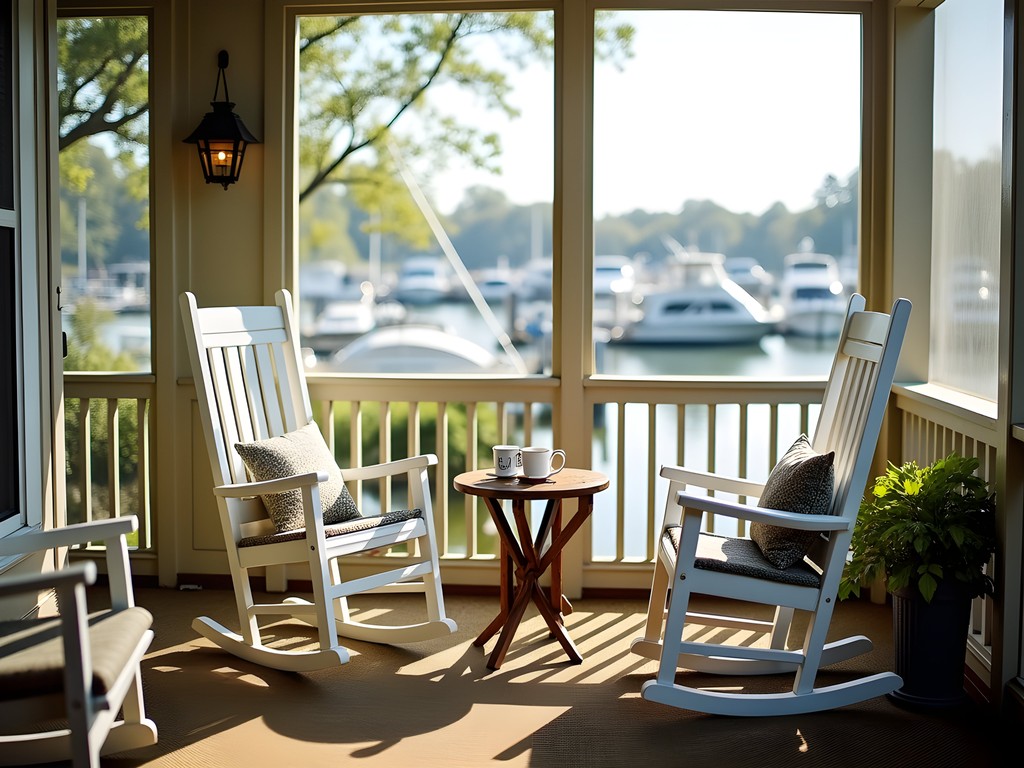 Screened porch with rocking chairs overlooking marina at Deltaville maritime cottage