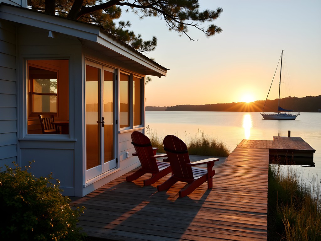 Marina cottage with screened porch overlooking Rappahannock River at sunset