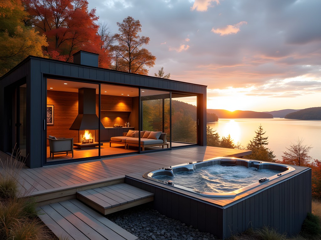 Modern glass cottage with panoramic views of Lake Champlain and fall foliage at sunset