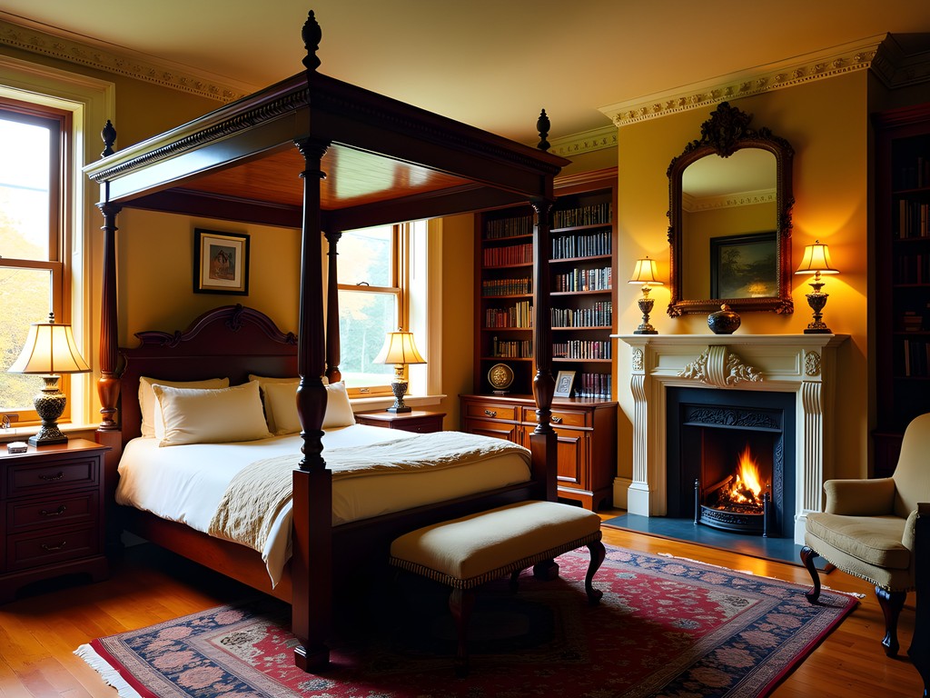 Historic four-poster bed facing wood-burning fireplace in the Governor's Mansion B&B Library Suite