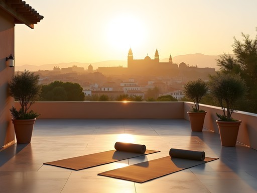 Rooftop yoga space at sustainable hotel in Cordoba with view of the Mezquita