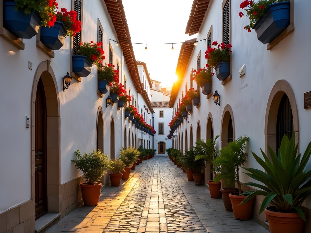 Narrow whitewashed street in Cordoba's Jewish Quarter with flower pots and historic architecture