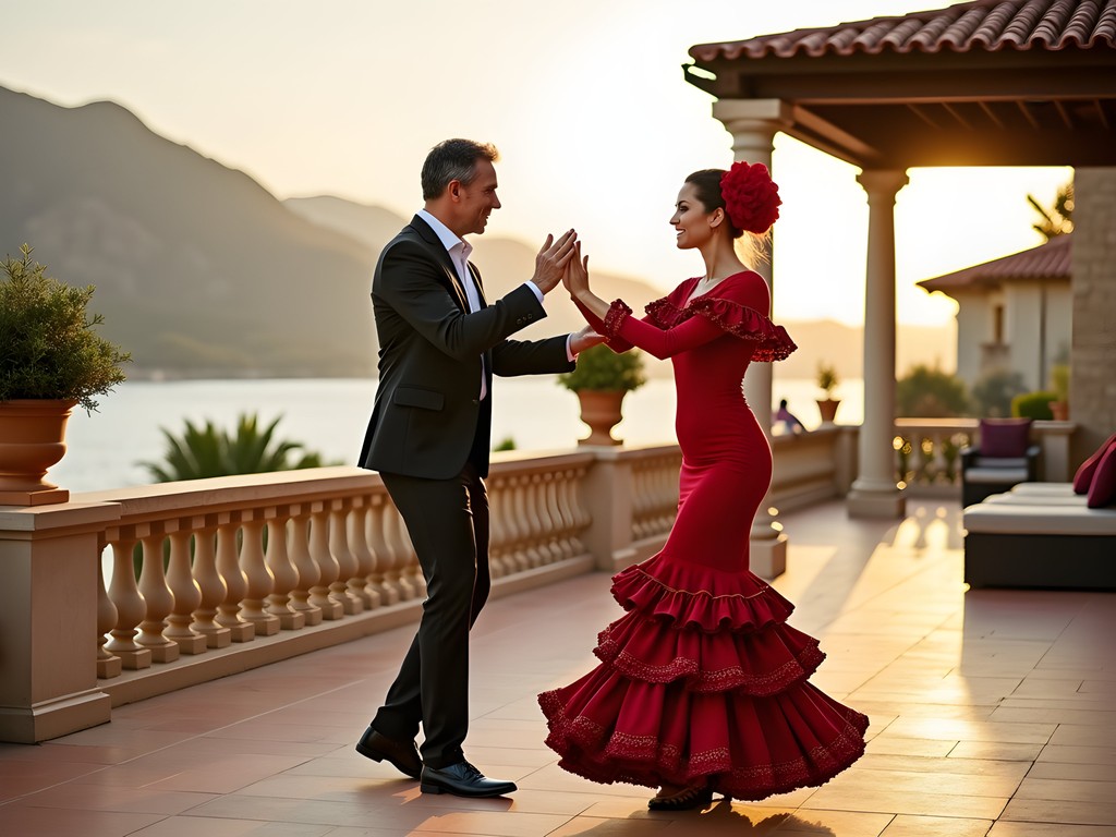 Private flamenco lesson on terrace overlooking Mediterranean at luxury resort