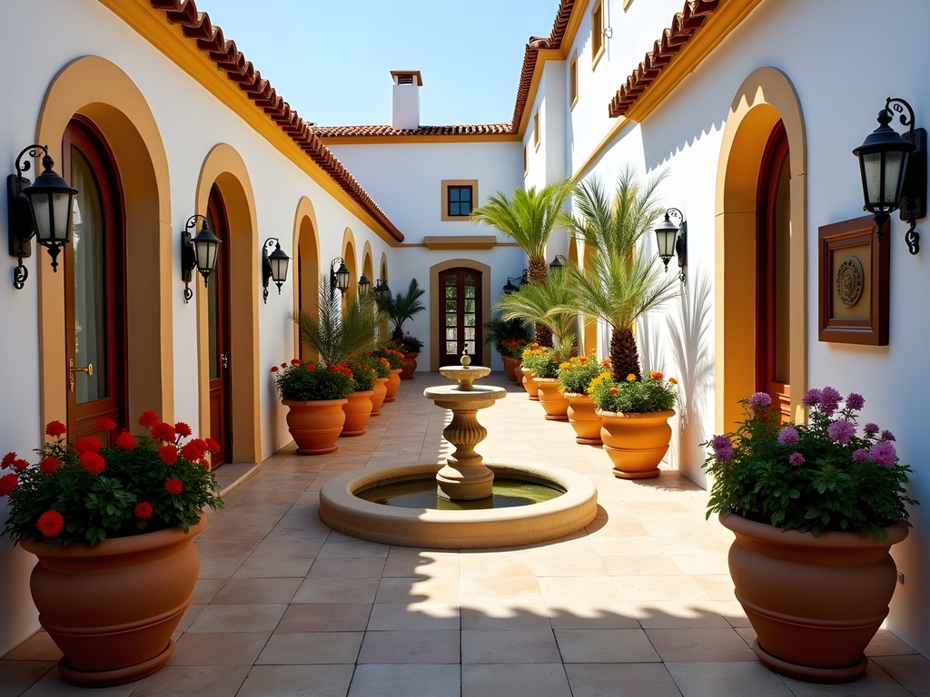 Whitewashed courtyard of La Bobadilla boutique hotel at sunset