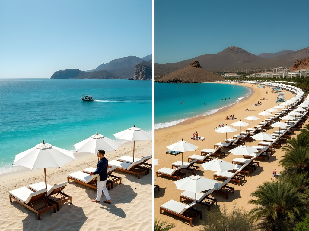 Split image comparing intimate boutique beachfront with larger all-inclusive resort beach area