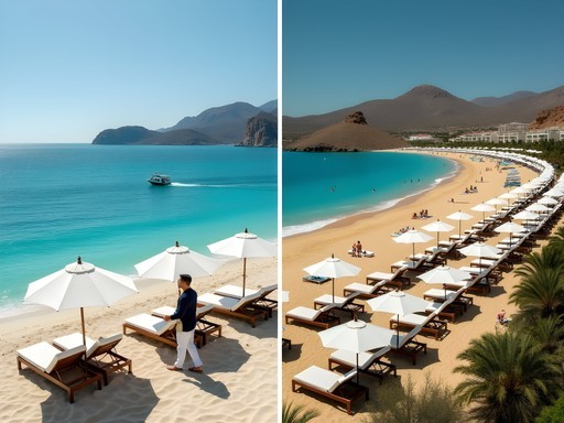 Split image comparing intimate boutique beachfront with larger all-inclusive resort beach area