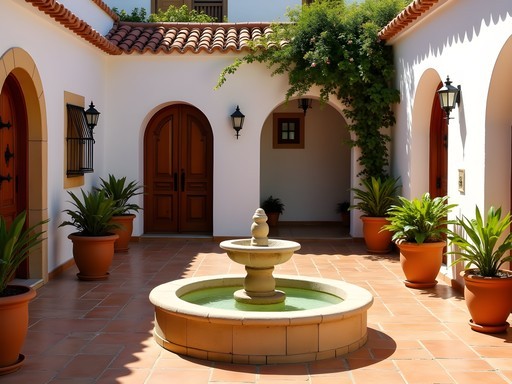 Sunlit Andalusian courtyard with fountain at Finca Cortesin boutique hotel