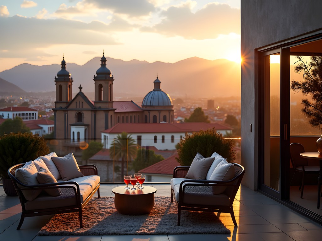 Rooftop terrace of Hotel Cruz del Vado with panoramic views of Cuenca's historic center and mountains
